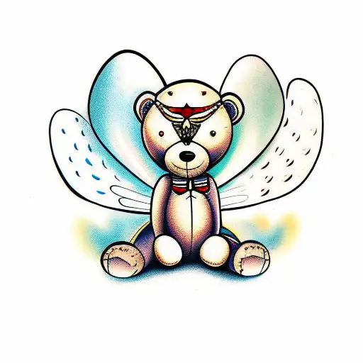 Fine Line Simple Style Of Teddy Bear With Moth Wings As Angel Wings