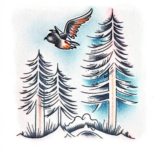 Tall Pine Tree And Bird Flying