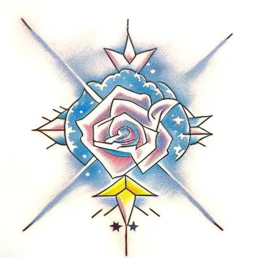 Clouds With Stars And Two Doves And A Rose