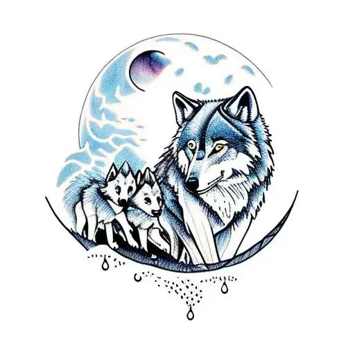 Mother Wolf With 5 Pups With Water Fall Trees And River And Moon In Background