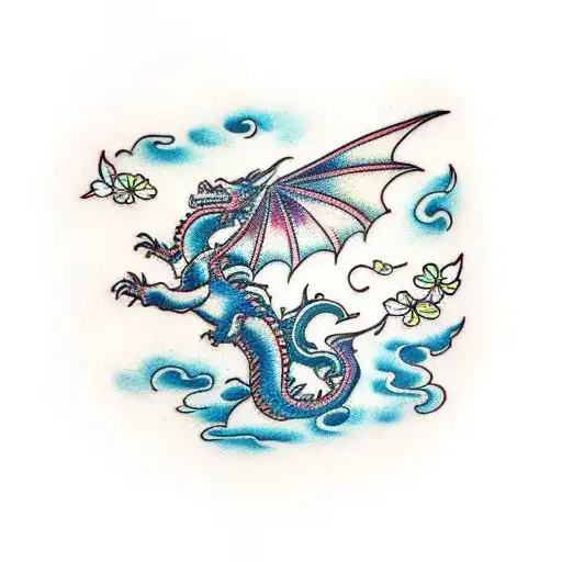 Dragon Flying Around A Cherry Blossom Tree