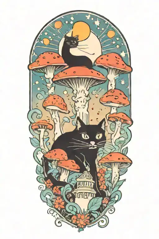 Black Cat And Trippy Colorful Mushrooms With Moon