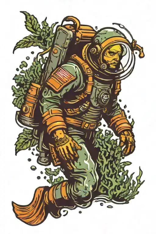 Aquanaut Under Water With Seaweed In Back Ground Dark Colours