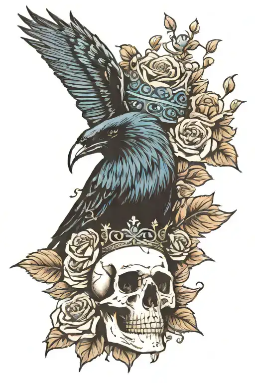 Raven Wearing Crown With Blue Rose And Skull