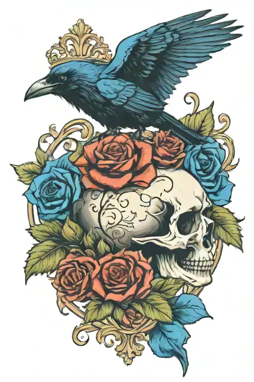 Raven Wearing Crown With Blue Rose And Skull
