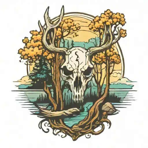 Trees And Lake Inside Deer Skull