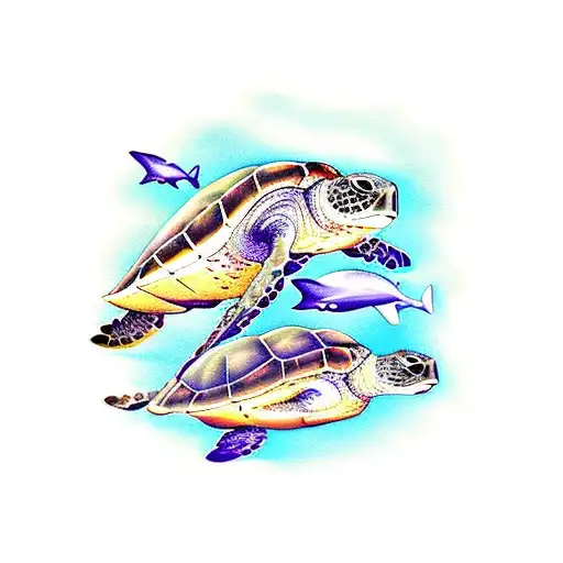 A Group Of Sea Turtles Swimming In The Ocean