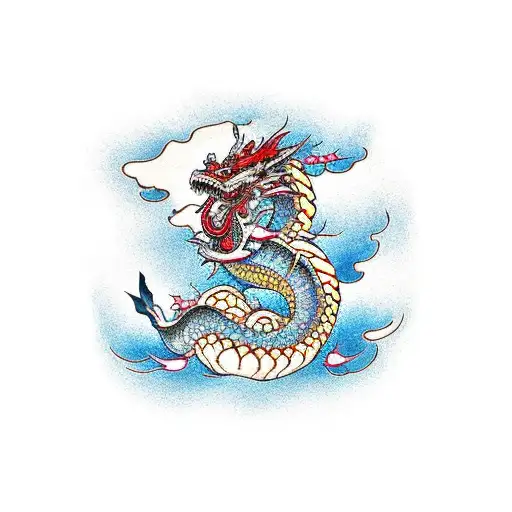 A Traditional Japanese Dragon Surrounded By Cherry Blossoms