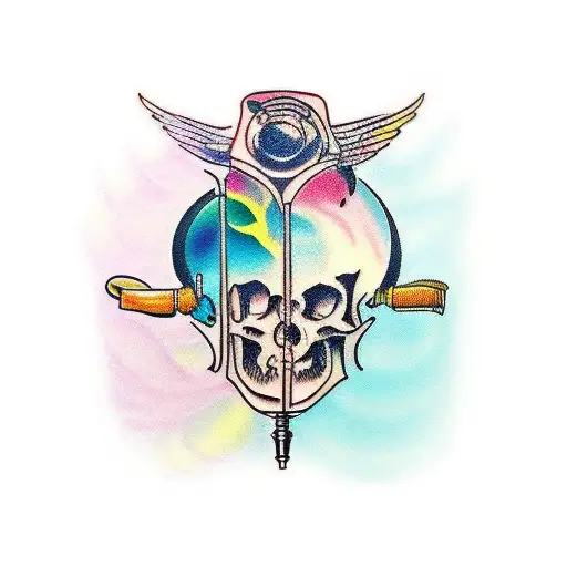 A Tattoo Of A Tattoo Gun And Ink Bottles With Vibrant Colors