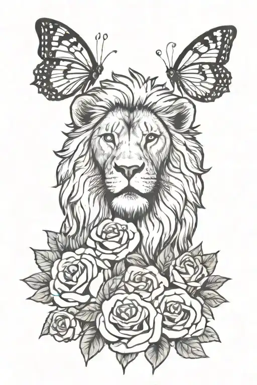 Lion Face Surrounded By Butterflies And Roses