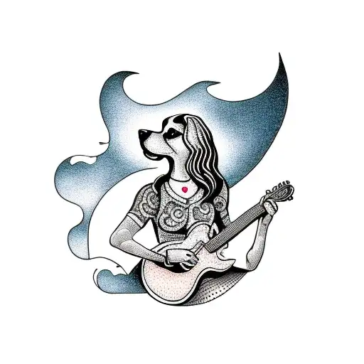 A Dotwork Tattoo Of A Woman With A Dog-shaped Guitar