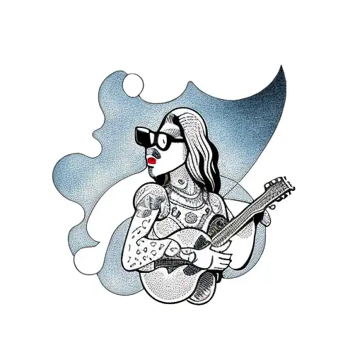 A Dotwork Tattoo Of A Woman With A Dog-shaped Guitar