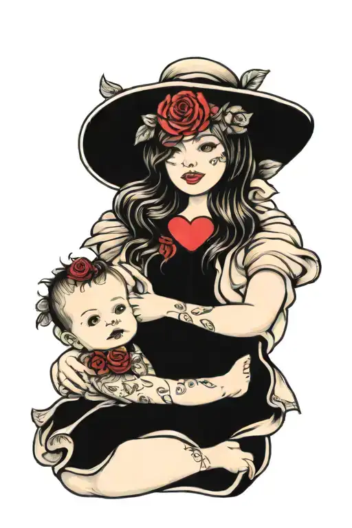 Mom Holding Baby Girl With Roses And Heart