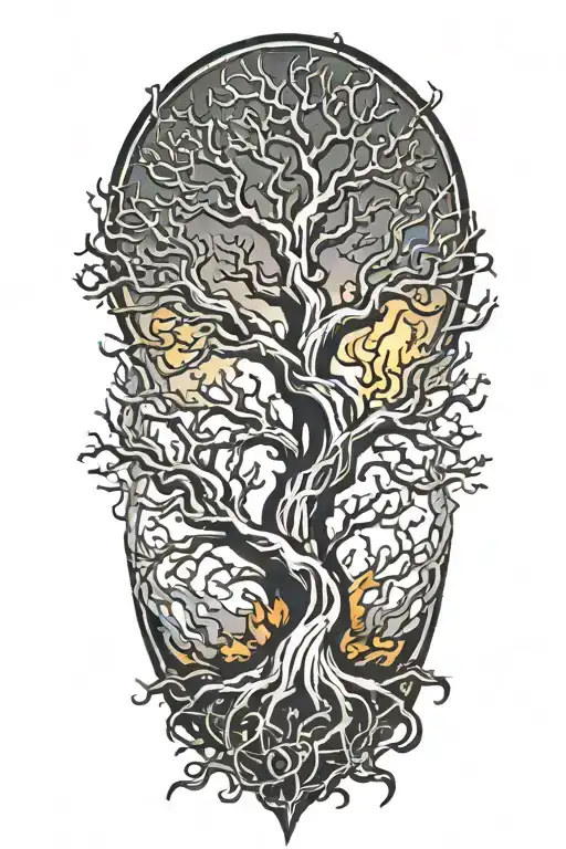 Twisted Tree With Sprawling Branches On Fire Flames