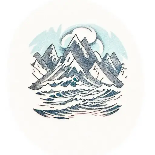 A Mountain Landscape Tattoo With Waves Crashing Against The Rocks