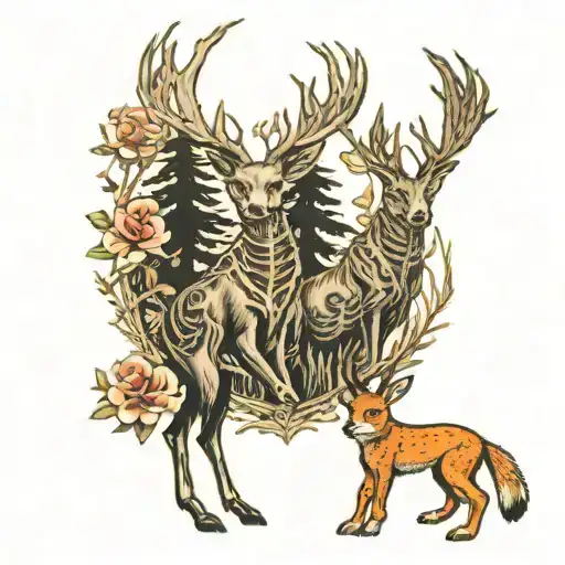 Skeleton Deer In The Woods Surrounded By Wolves