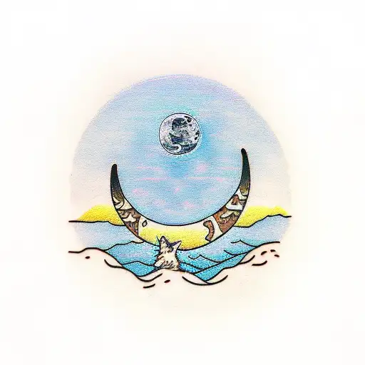 A Traditional Style Tattoo Of A Wolf Howling At The Moon Over A Picturesque Hill Landscape