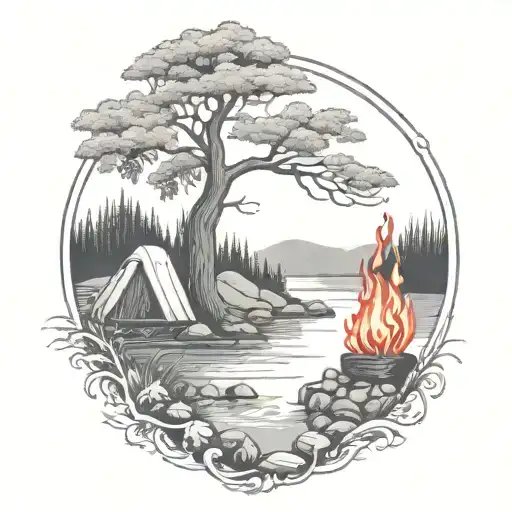 A Rowan Berry Tree And A Campfire Beside A River Waterfalling Down The Front