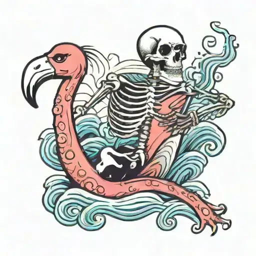 Skeleton On Flamingo Float In Ocean Waves
