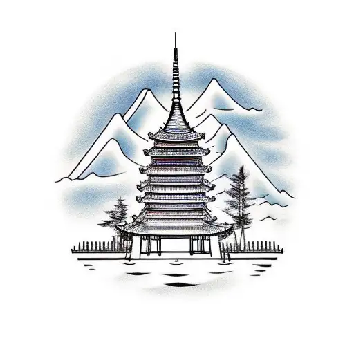 Korean Temple With Mountain Scene In Background
