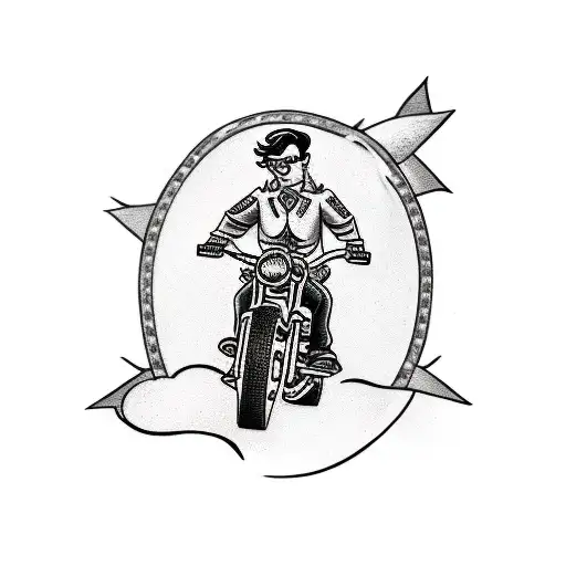 A Traditional Tattoo Of A Geeky Salesperson Riding A Motorcycle While Holding A Cup Of Coffee