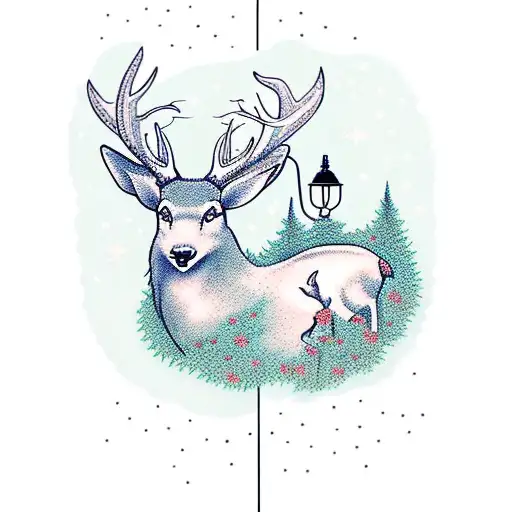 Realistic Depiction Of A Serene Forest With A Central Lamppost And A Majestic White Deer