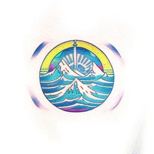 Ocean Waves With The Three Sisters Mountains And A Stylized Compass