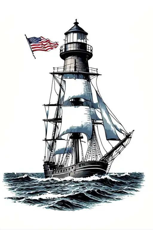 Lighthouse With North Carolina Coastal Map And Tall Sailing Ship