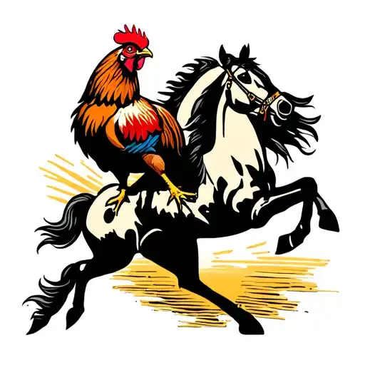 Chicken Standing On The Back Of A Horse Galloping