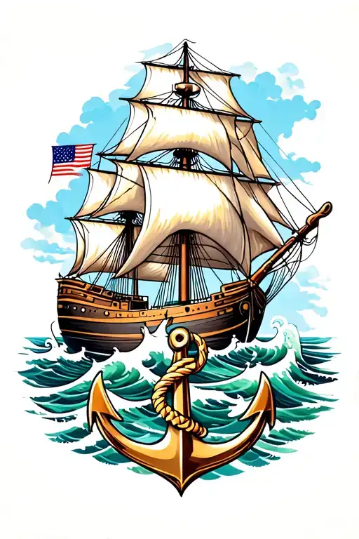 Ship On The Waves With Anchor On Background