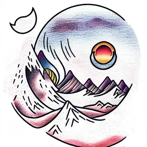 A Mountain With A Sunset On The Left And Wave With A Moon