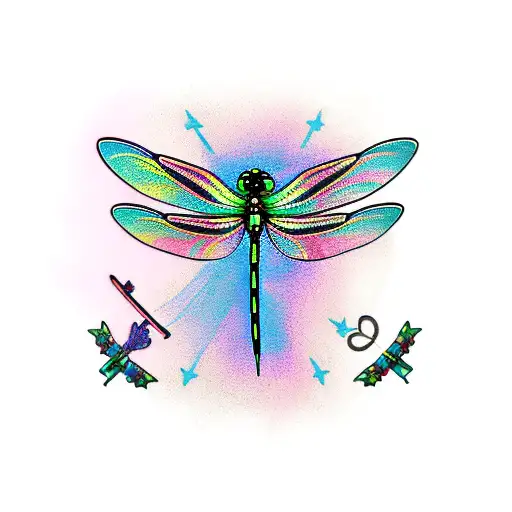 Dragonfly With Checkered Flags Behind It And Pink And Teal Cancer Ribbons On