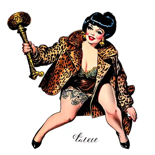 Pinup Girl With Black Bob Wearing A Cheetah Print Coat Holding A Mace