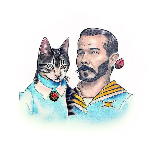 Father And Daughter With A Cat And Dog