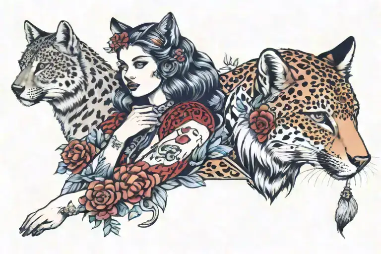Girl With Wolf And Leopard Surrounded