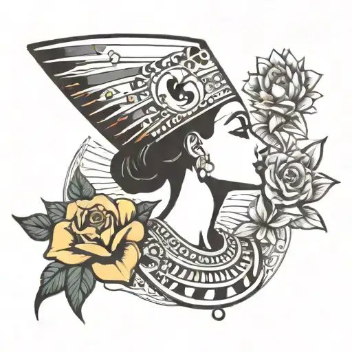 Nefertiti Side View With The Sun And Flowers Growing