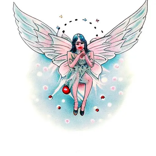 Fairy With Wing Sitting On A Red Mushroom With White Dots And Huging Her Legs