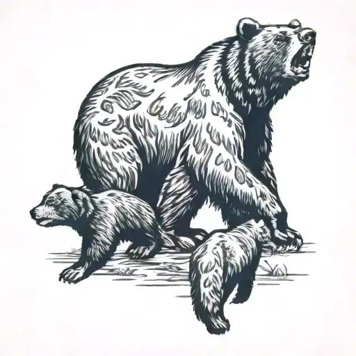 Bear With Two Cubs Hunting
