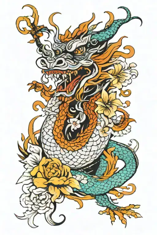 Chinese Dragon And Flowers
