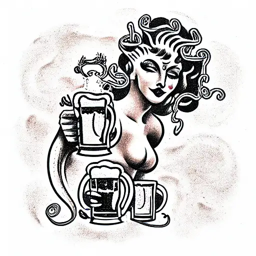 A Beautiful Medusa Holding Up Two Mugs Of Foaming Beer