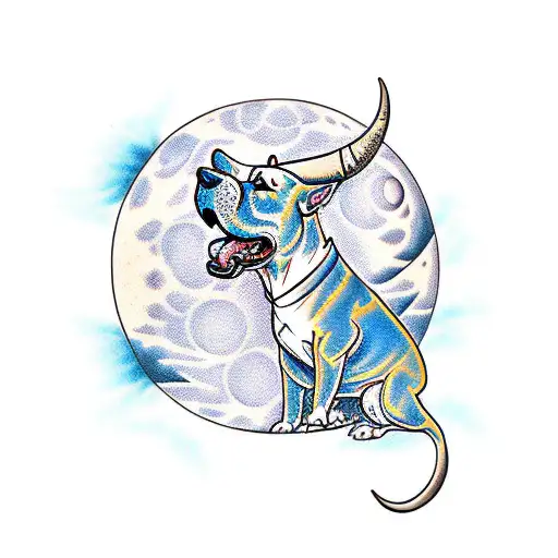 A Traditional-style Tattoo Of A Bull Terrier Howling At The Moon