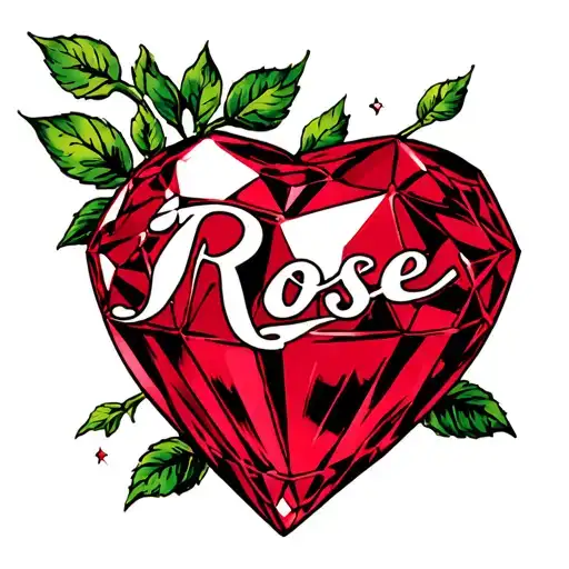 Red Gem In Shape Of Heart With The Word Rose Written In The Middle