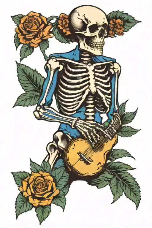 Skeleton Wearing A Blue Hawaiian Shirt With Fern Border And Sunrise Background