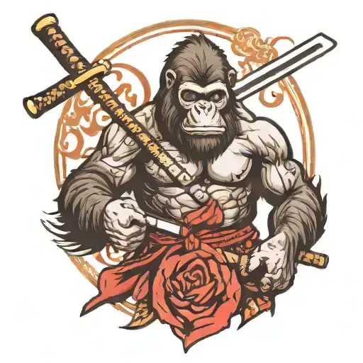 Gorilla With Katana And Japanese Samurai