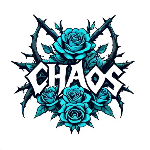 The Word Chaos In A Death Metal Font And Colored In Powder Blue Surrounded By Roses And Thorns