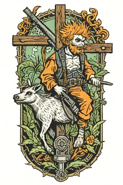 Man With Orange Hair And Blistered Face Riding Collared Peccary On A Crucifix With A Gun In Jungle
