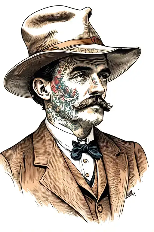 Old School Gentleman With Tattoos Portrait Style Looking Away