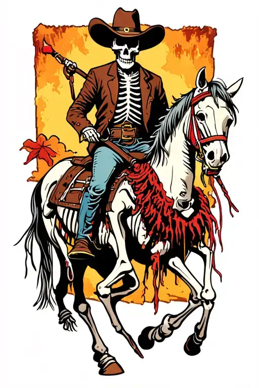 Cowboy Skeleton Bounty Hunter Riding His Skeleton Horse With Rotting Flesh