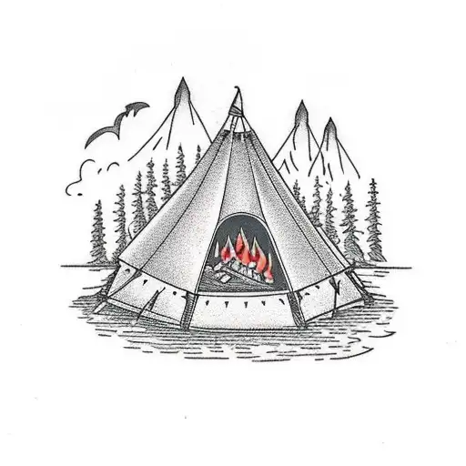 Old School Tent Next To A Bonfire In Front Of A Lake And Mountain Range