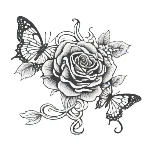 Rose Intertwined With Heart And Butterfly Emerging